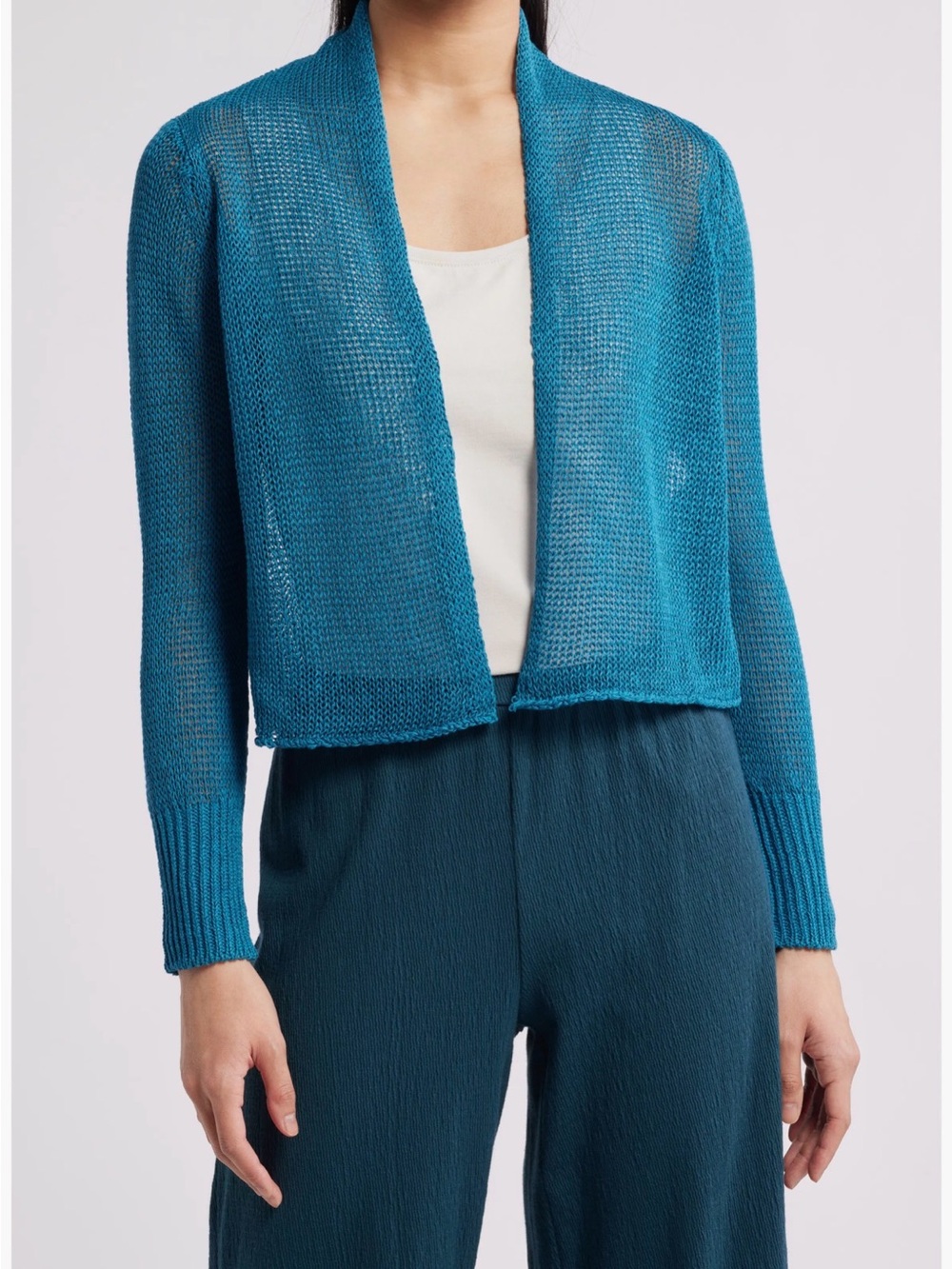 Eileen Fisher Dragonfly Teal Organic Linen & Cotton Open Front Sweater Cardigan